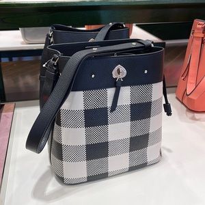 Kate Spade Marti Gingham Woven Straw Mixed Media Large Bucket Bag Black Multi